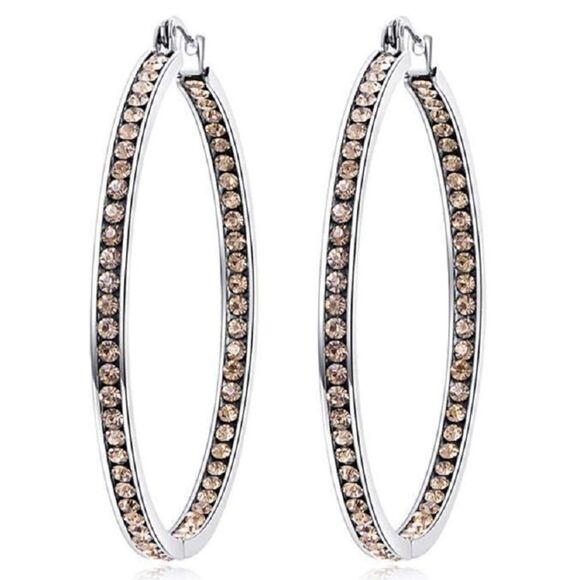 14K White Gold with Champagne Topaz Cubic Zirconia Big Hoop Latch Back Earrings